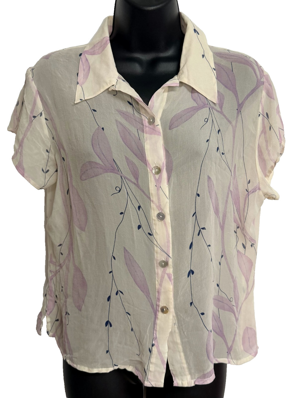 Vintage TESS Silk Blouse Women Large Cream Lavender Floral Short Sleeve Shirt